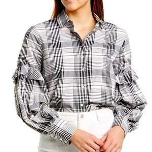 Robert Rodriguez Pauline Black and White Plaid Button Down Balloon Sleeve Top